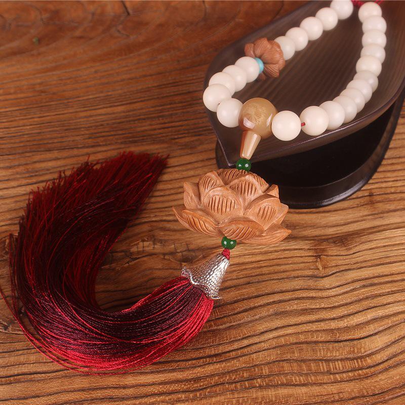 Natural White Jade & Peach Wood Lotus Pendant for Rearview Mirror