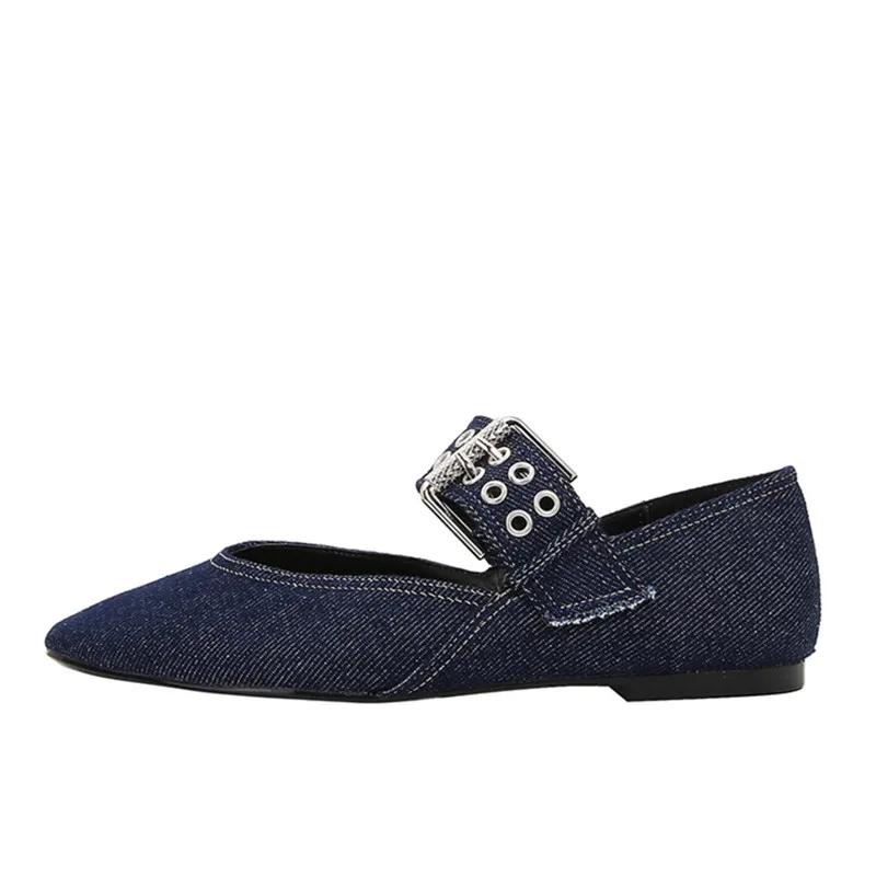 Fashion Denim Blue Flat Ballet Flats Women Fashion Metal Buckle Strap Design Flats Shoes Light Breathable Mary Jane Shoe Designer Shoes