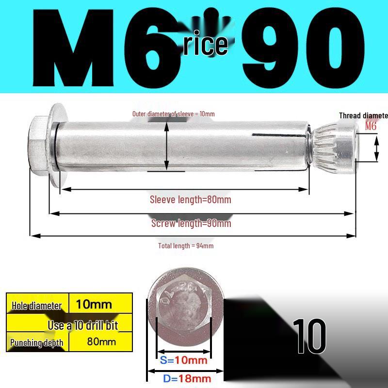 Stainless Steel Expansion Screw: Hexagonal Head with Internal Expansion (304/201), Sizes M6, M8, M10, M12.