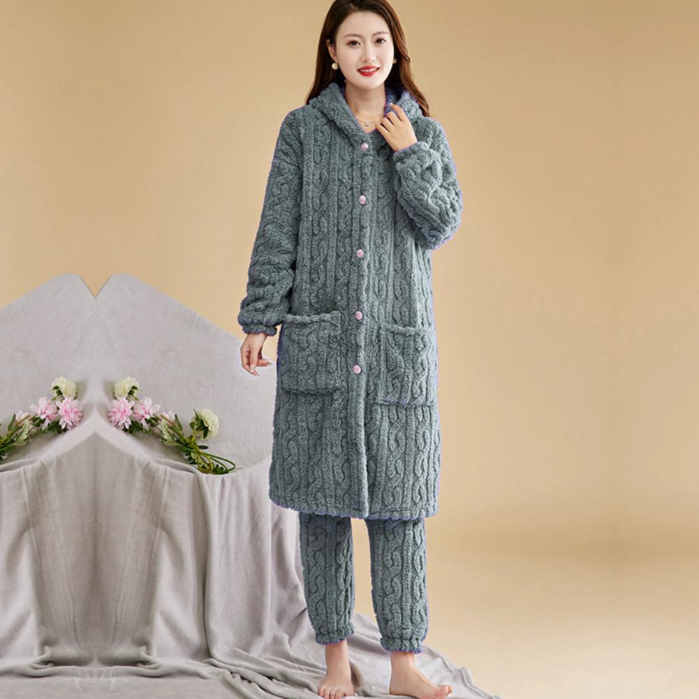 2 Pcs/Set Women Winter Bathrobe Pants Set Thick Fleece Keep Warm Hooded Robe with Pockets Loose Homewear Sleepwear Pajamas
