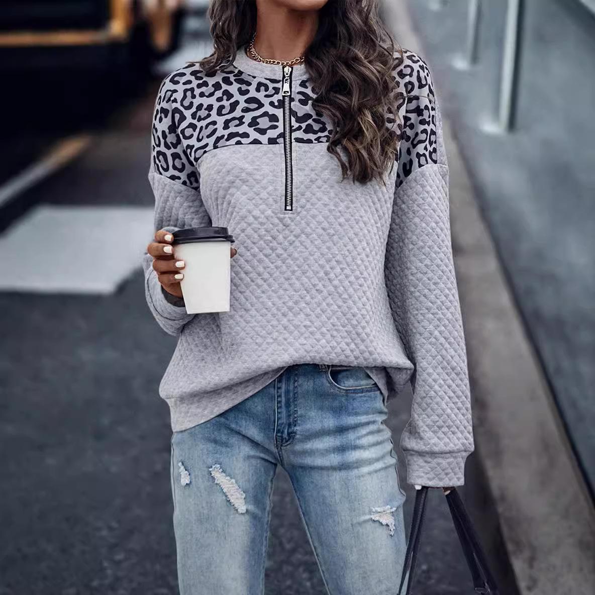 

Осенне-зимняя женская леопардовая принтованная толстовка на молнии с короткими рукавами, повседневный теплый свитер с длинными рукавами 2XL серый