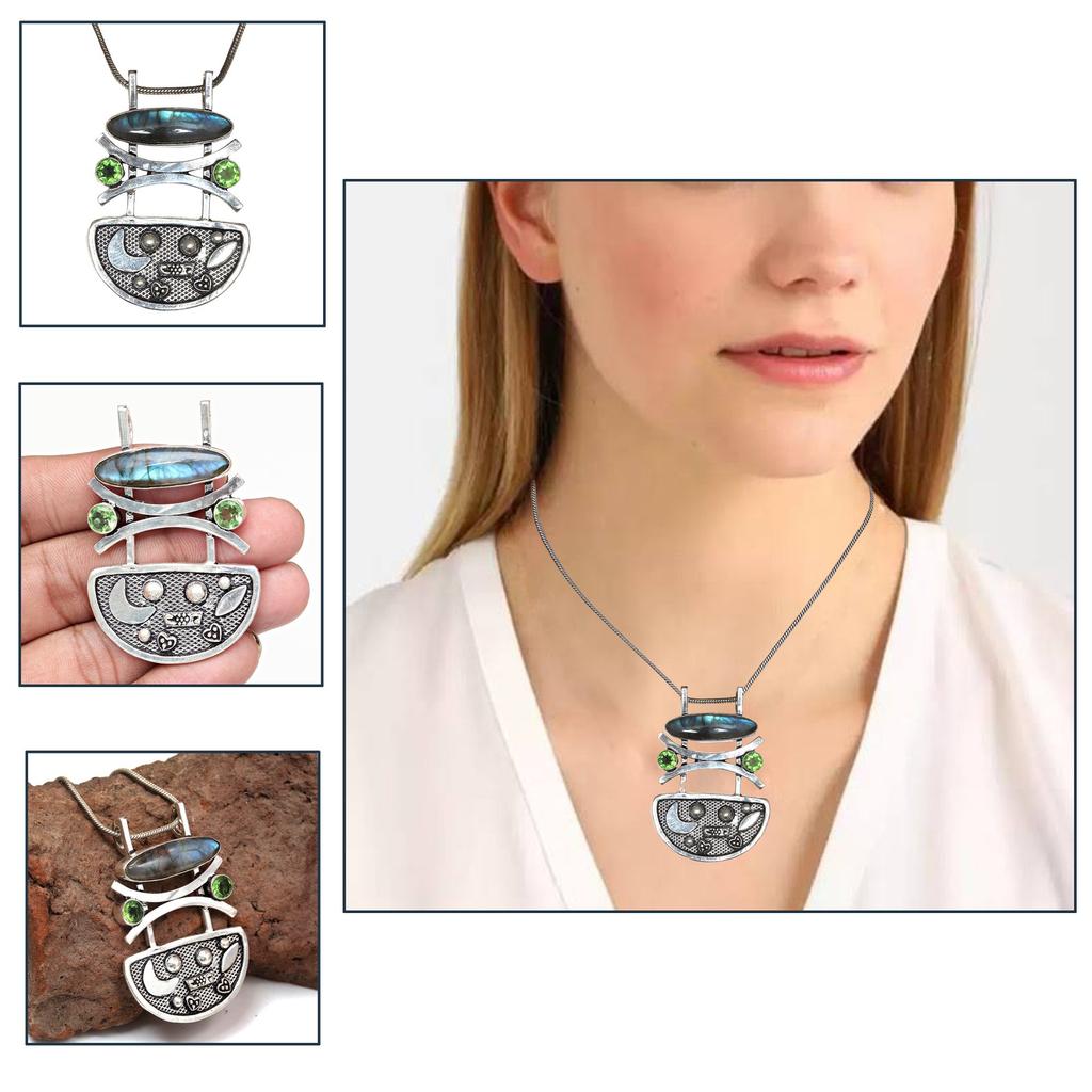 Pendant Silver  Peridot Labradorite Gemstone Jewelry Sterling 2.5" Fiery