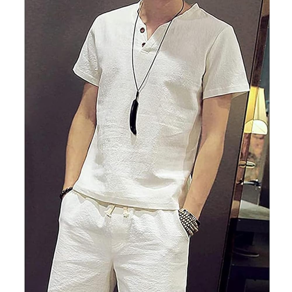 [Aaronlive] Men's T-Shirt, Short-Sleeved Sweatshirt, V-Neck, Cotton and Linen Blend, Plain, Comfortable, Plus Sizes, Street Style, Casual, Summer Clot
