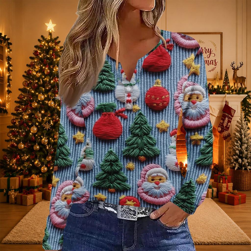 Women's Casual Christmas Print V-Neck Long Sleeve T-Shirt with Button