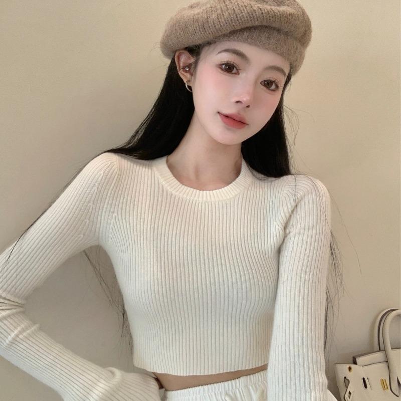 Gray Long-sleeved Knitted Sweater Women's Spring and Autumn Inner Fit Slim-fitting Short Open-button Tight Bottoming Shirt Top Tide