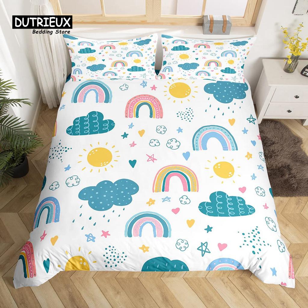 Cute Panda Duvet Cover Set Kawaii Rainbow Cartoon Animals Bedding Set Full Microfiber White Flowers Pink Heart Comforter Cover