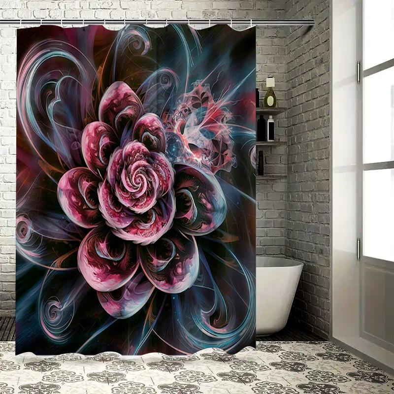 

Luxury Floral Printed Shower Curtain Black Pink Blue Swirl Pattern Decorative Water Repellent Polyester Bath Rug Liner Set For B W60H190(CM)-1 Pcs