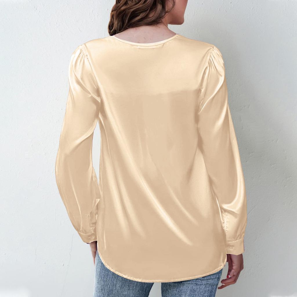 Women's V,Neck Casual Loose Satin Ruched Long Sleeve Work Blouse