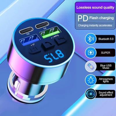 Bluetooth 5.0 FM Transmitter Handsfree Car AUX Radio Modulator MP3 Player 66W Dual PD Type-C USB Fast Charge with Volt Display