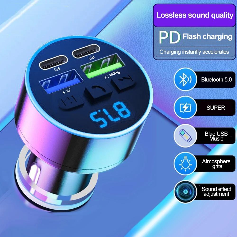 4-in-1 Bluetooth Car Kit Dual USB PD Car Charger Fast Charging MP3 Player with Voltage Display Atmosphere Lamp Adapters 12V-24V