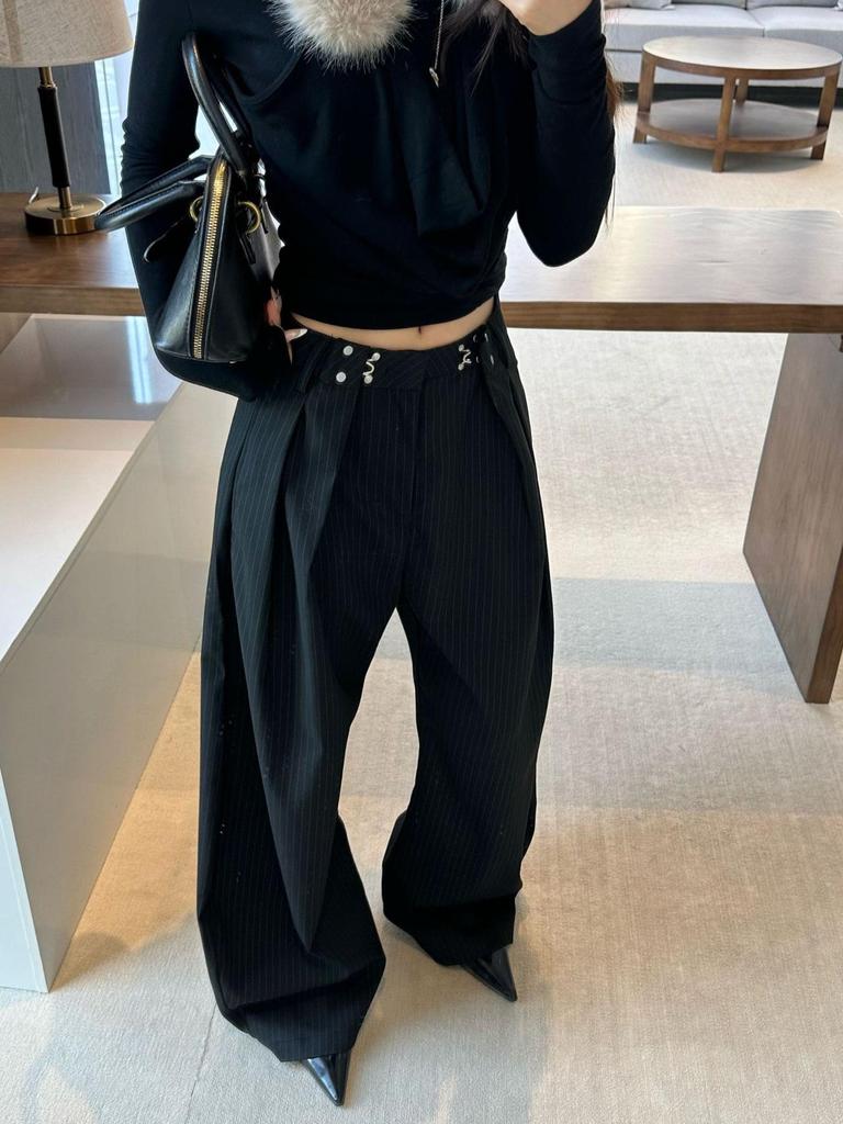 Lu Sheng Unisex Black Striped Wide-Leg Trousers with 3D Slimming, American Style, Drape Silhouette
