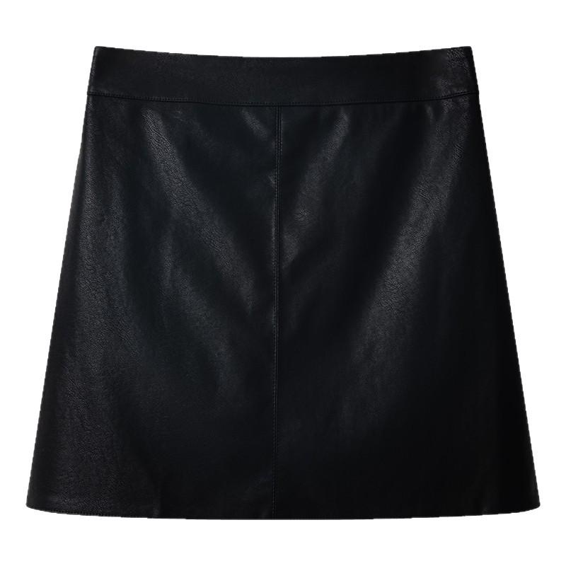 Black A-line High-waisted PU Leather Skirt: Women's Spring/Autumn Slimming Mini with Anti-exposure Design