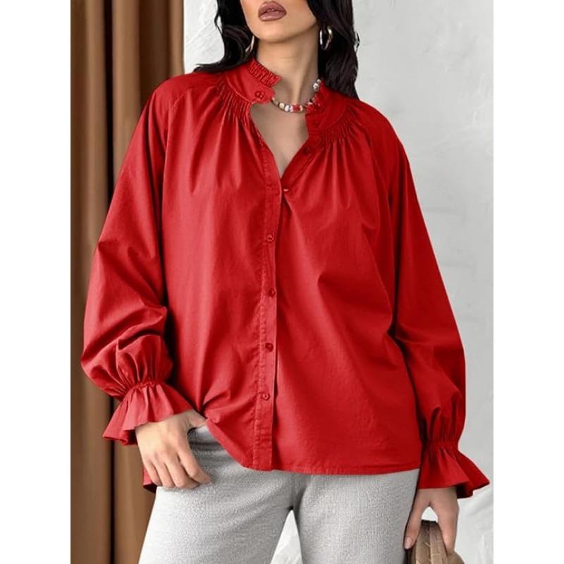 Spring and Autumn New Women's Elegant and Sweet Loose Casual Lantern Sleeve V-neck Ruffle Shirt