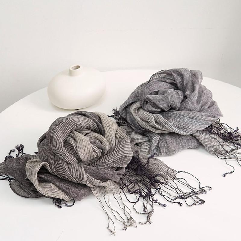 Japanese Vintage Gradient Stripe Linen Scarf Women Art Versatile Spring/Summer Breathable Shawls Sun Protection Long Scarf