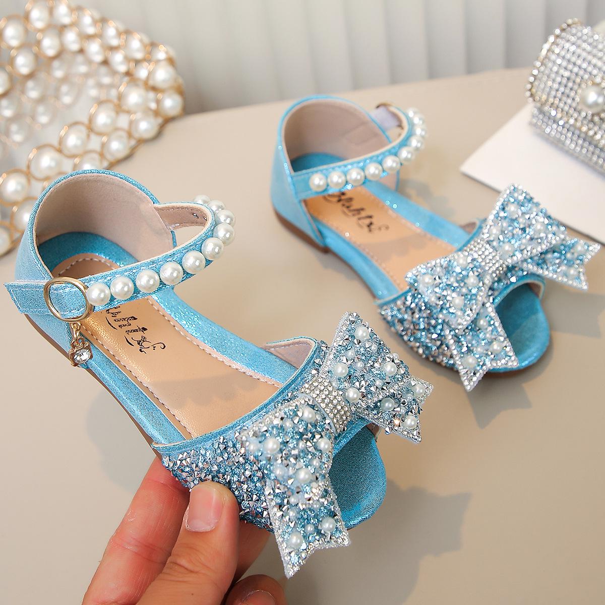 Sweet Girls Pearl Bow Rhinestone Sandals - Flat, Soft Sole Toddler Design Size 25 (15.5cm)