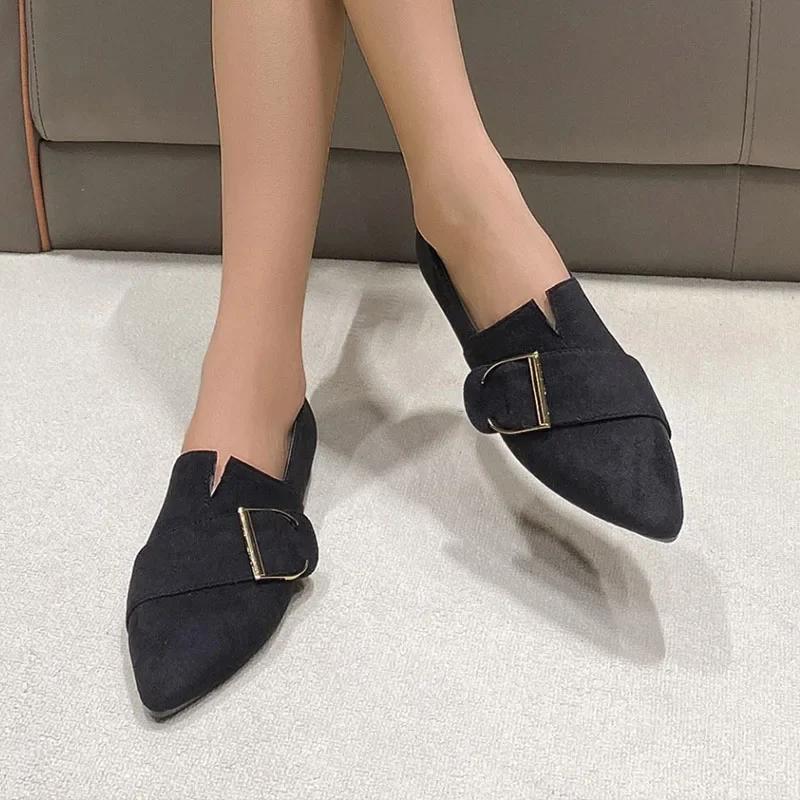 Fashion Women's Flats Shoes Black Velvet Office Lady Pumps Fashion Pointed-toe Belt-buckled Thin Shoes Large Size Loafers Casual Shoes
