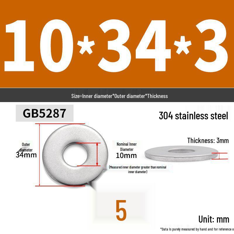 304 Stainless Steel Enlarged Flat Washer Ring (Sizes: M1.6-M22)