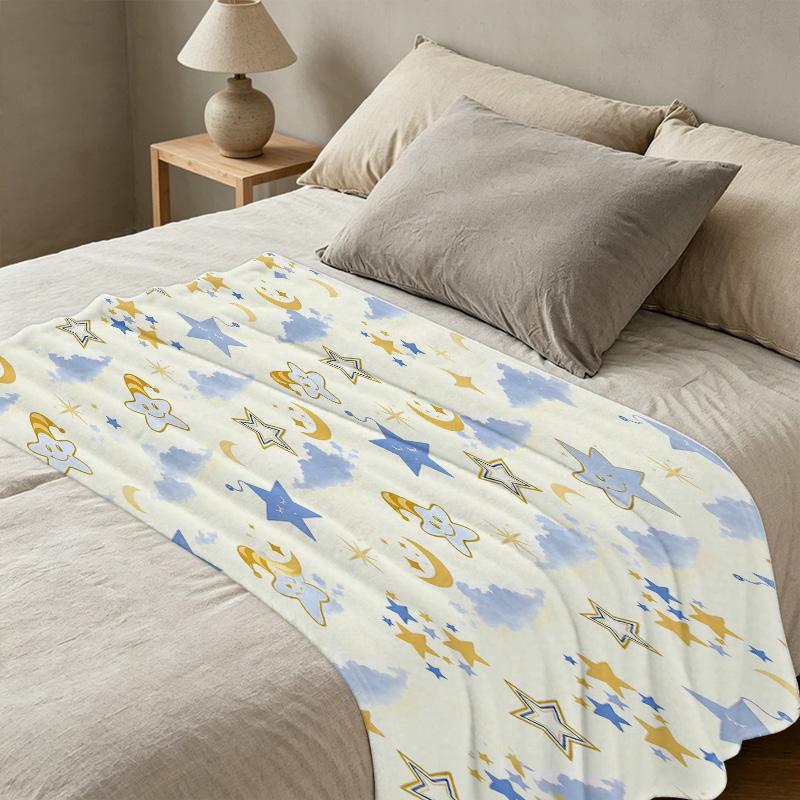 Thick Warm Flannel Blanket, Cartoon Stars & Moon Pattern, Soft Cozy for Home, Guest Room, Christmas & Halloween Use & Decor