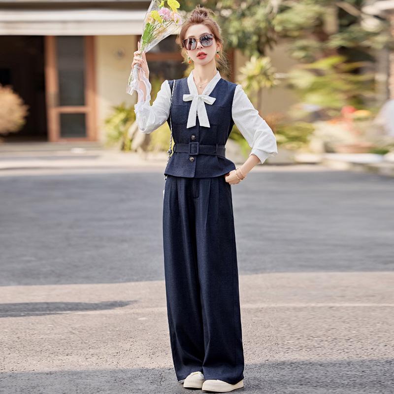 Women's Fashionable Spring 2025 Suit: Stylish Shirt, Denim Vest & Wide-Leg Pants Set YF2551