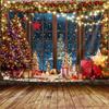 Winter-Weihnachtsteppich - Rustikales Holzfenster Weihnachtsbaum für Schlafzimmer, Nacht Wald Schnee Szene Außerhalb des Fensters Wand H