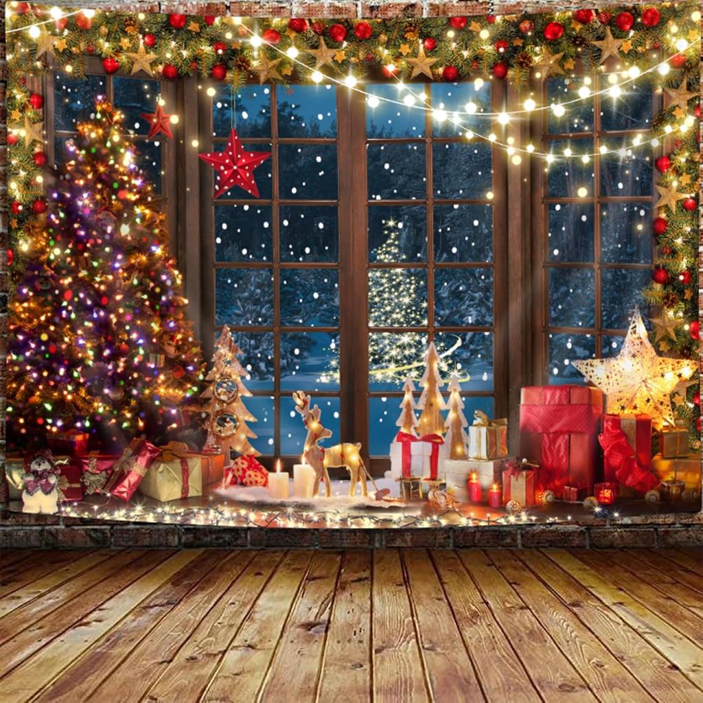 Winter-Weihnachtsteppich - Rustikales Holzfenster Weihnachtsbaum für Schlafzimmer, Nacht Wald Schnee Szene Außerhalb des Fensters Wand H