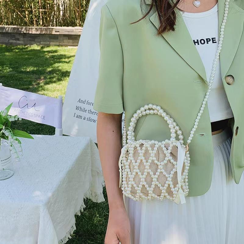 Summer Bohemia Pearl Basket Handbag for Women Luxury Design Shoulder Crossbody Beach Bag Travel Tote Bag