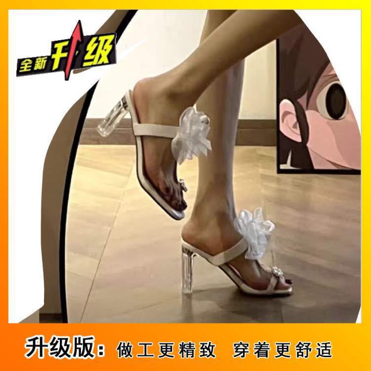 

Сандалии женские летние туфли 2025 года, новые интернет-знаменитости, жемчужные, сказочные, стиль бантик, носок, кристаллы, высокий каблук, классные тапочки 40