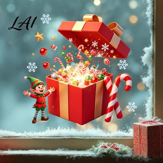 Glass Door Stickers Christmas Elf Gift Box Static Window Clings Reusable Stickers Holiday Removable Festive Ornaments Candy Cane Snowflake for Home