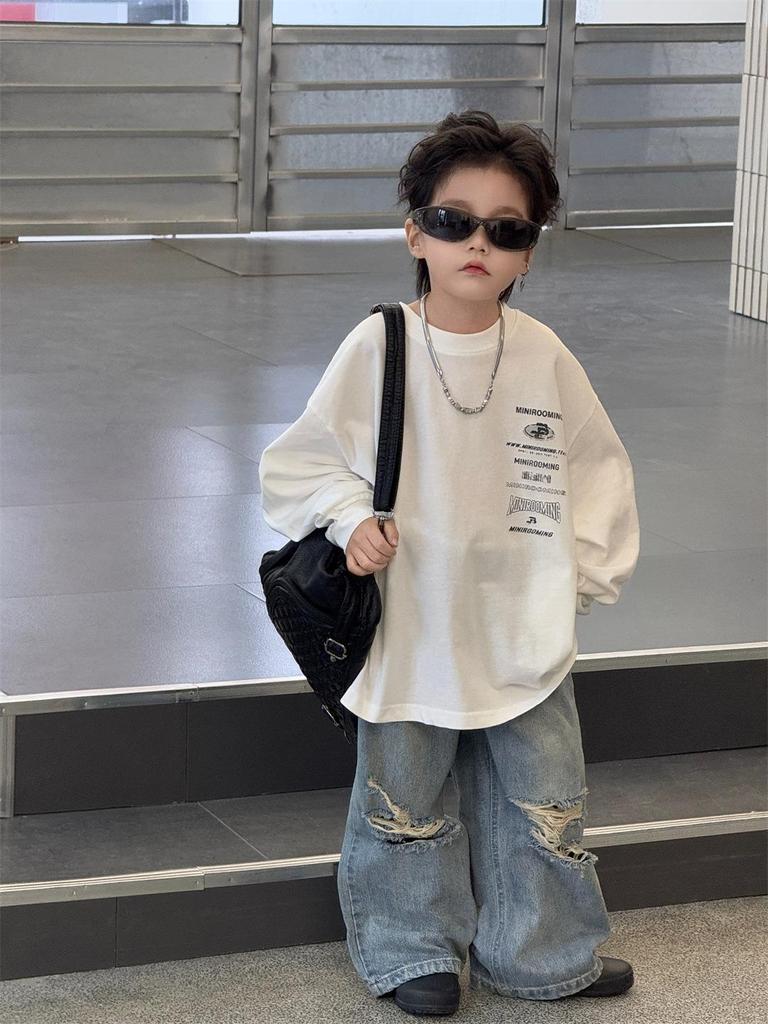 Wood Sheep Spring 2025 Kids' Wide-Leg Jeans with Ripped Hems - Trendy for Boys and Girls