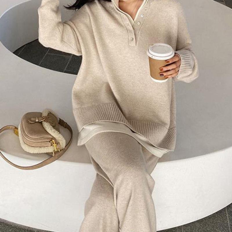 Casual Sweater Set Autumn Fake Two-piece Top + Wide-leg Pants Two-piece Set Knitted Sweater for Women