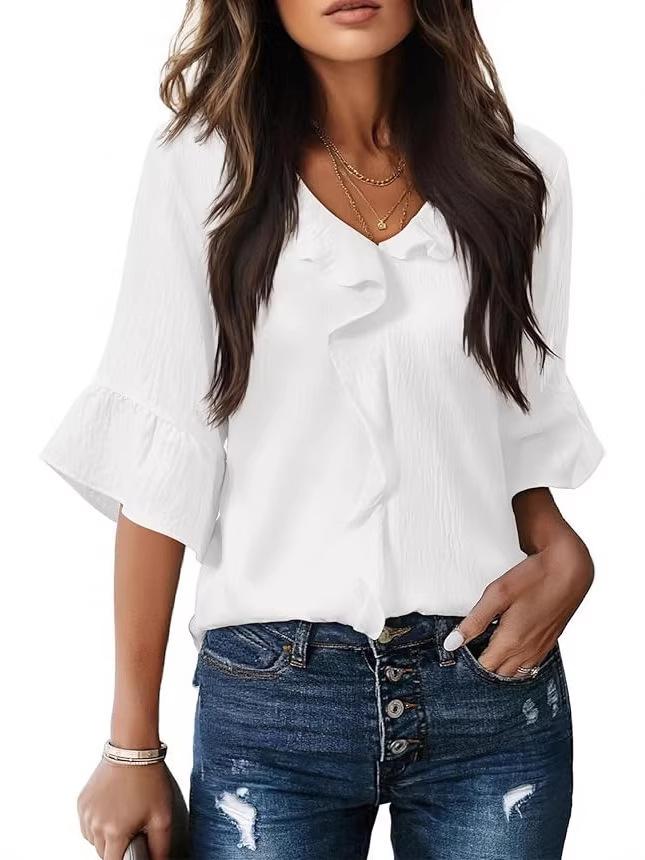 2026 Spring/Summer European & American V-neck Pleated Ruffle Loose Top