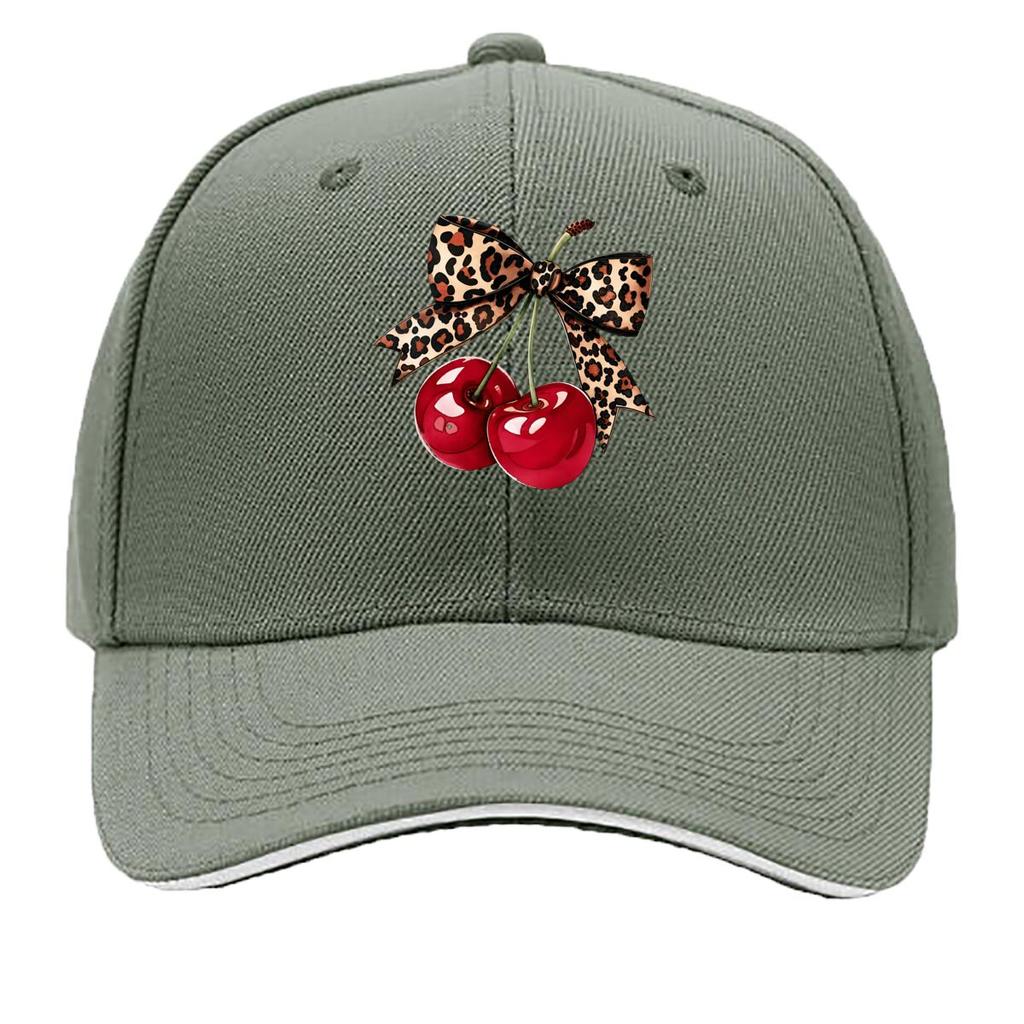 Leopard Print Bow Red Cherry Graphic Design Sandwich Baseball Cap Unisex Women Sun Cap Outdoor Workouts Hat