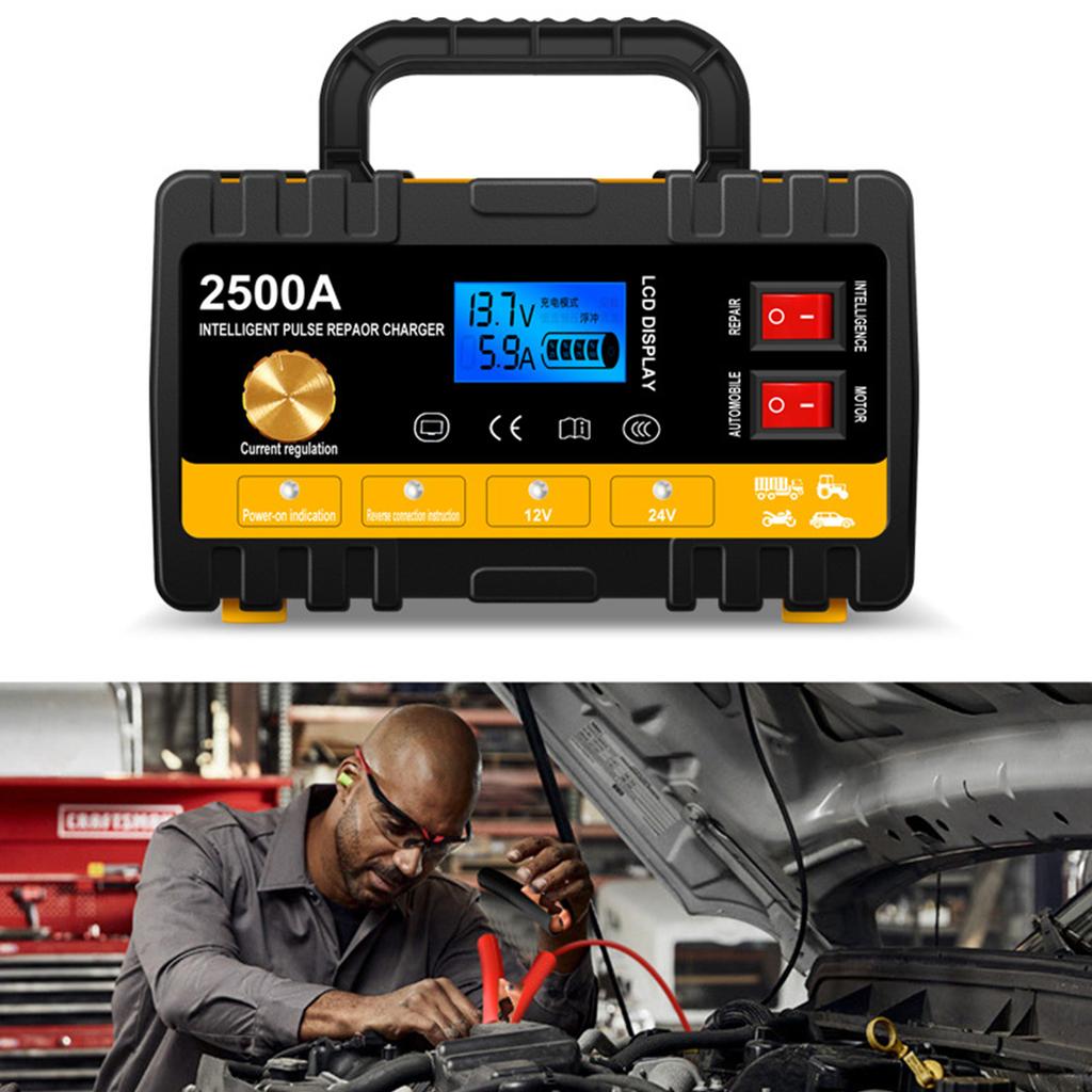 12V/24V Automatic Chargers and Maintainer with Cable Clamps & LCD Display Auto Shut-Off for Motorcycles Cars Trucks Lawnmowers