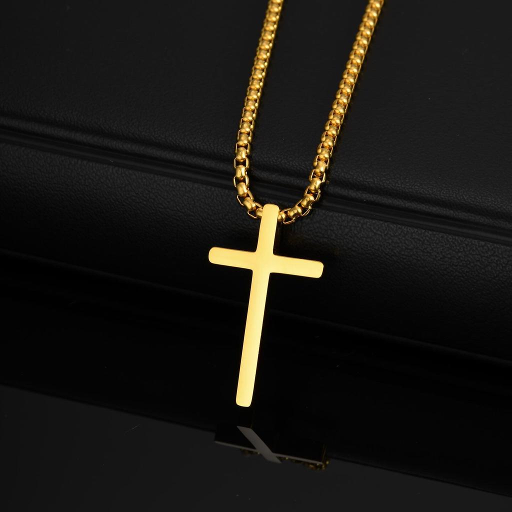 Vnox 60cm Box Chain Cross Pendant Necklaces for Men, Simple Plain Black Silver Gold Color Stainless Steel Thick Cross Collars