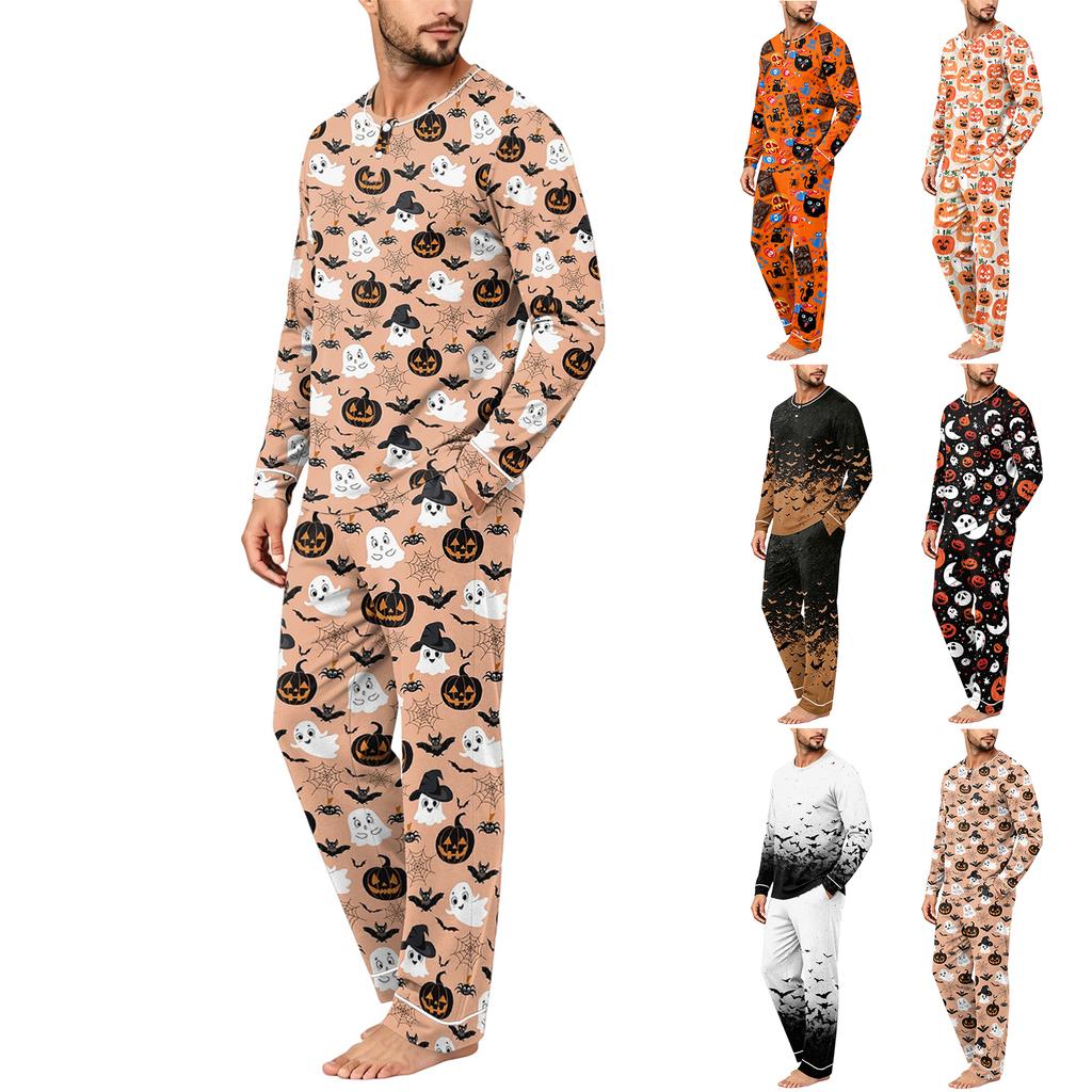 Men's Halloween Print Pajama Set Casual Loose Fit Sleepwear for Holiday Parties