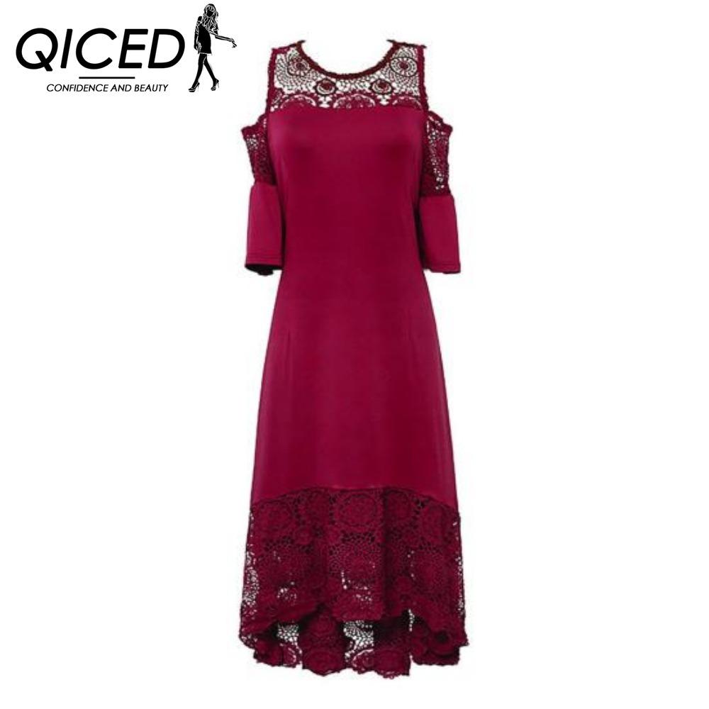 

QICED Вышивка Кружево Пэчворк Большой Размер Женское Платье Клеш Короткий Рукав Холодное Плечо Высокая Талия XXXXXL красный