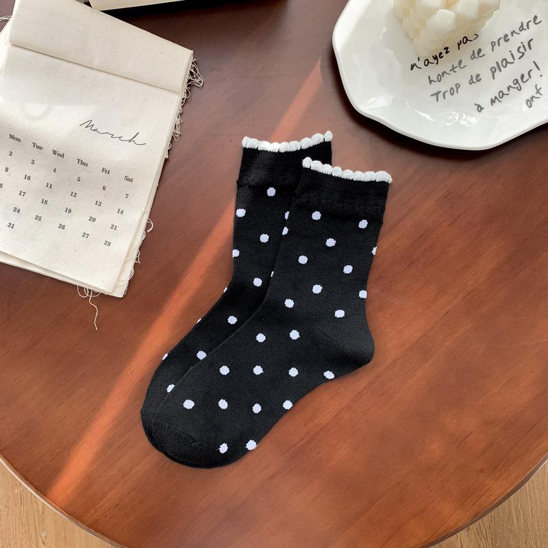 Women's Spring and Summer Thin Color Polka Dot Lace Bubble Mouth Tube Cotton Socks