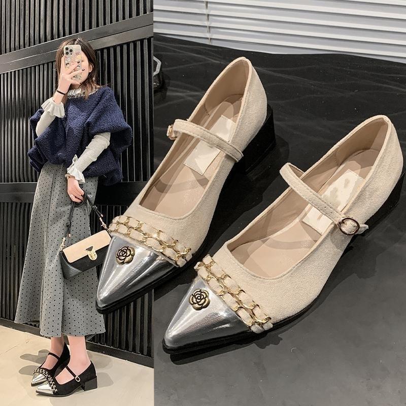 2025 new women's shoes French small fragrant style pointed single shoes women's shallow mouth Mary Jane high heels thick heel shoes children