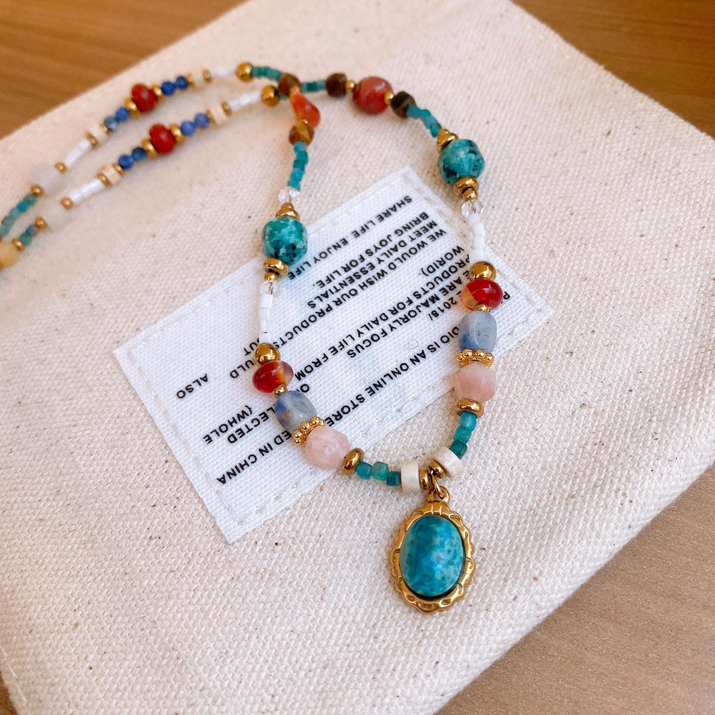 Этнический стиль цветной камень овальный кулон цепочка для свитера нишевая цепочка на ключицу ретро ожерелье женское