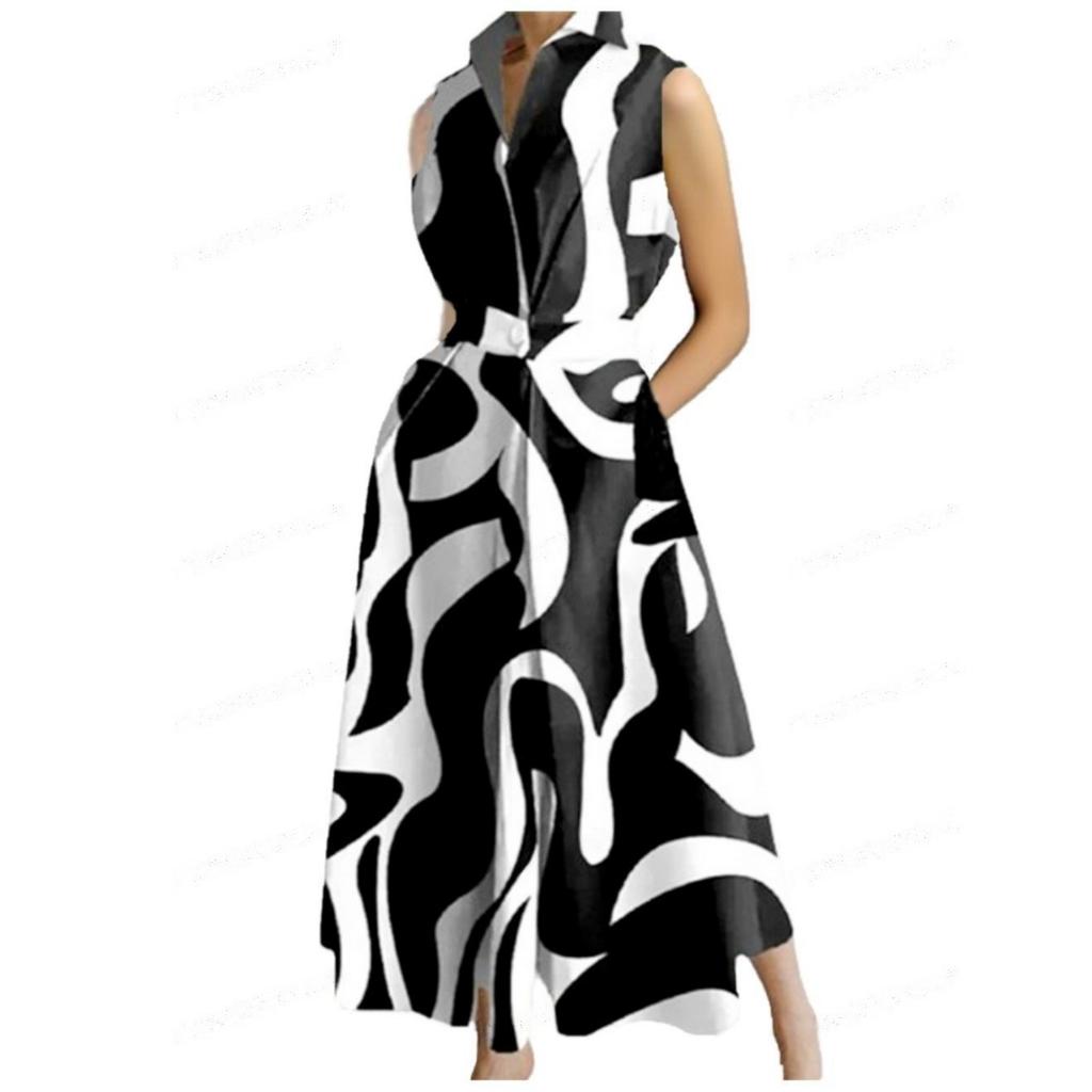 Women's Collared Sleeveless Floral Print Loose Fit Mid Waist Casual Maxi Dress