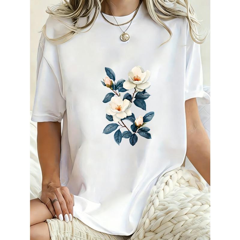 Oversized T Shirt Dress Black Magnolia Flower Print Casual Wear