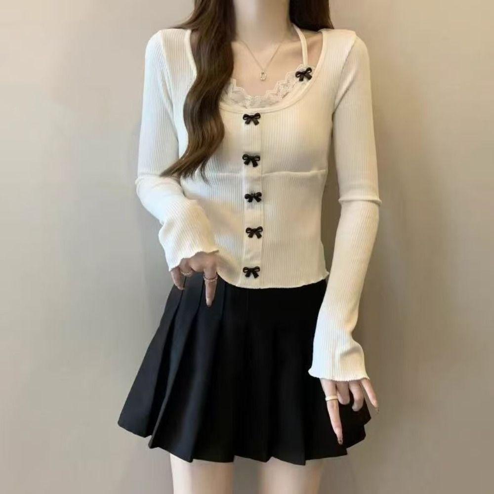 Lace Tied Up Long Sleeved T Shirts Slim Fit Fake 2 Pieces Crop Tops  Travel