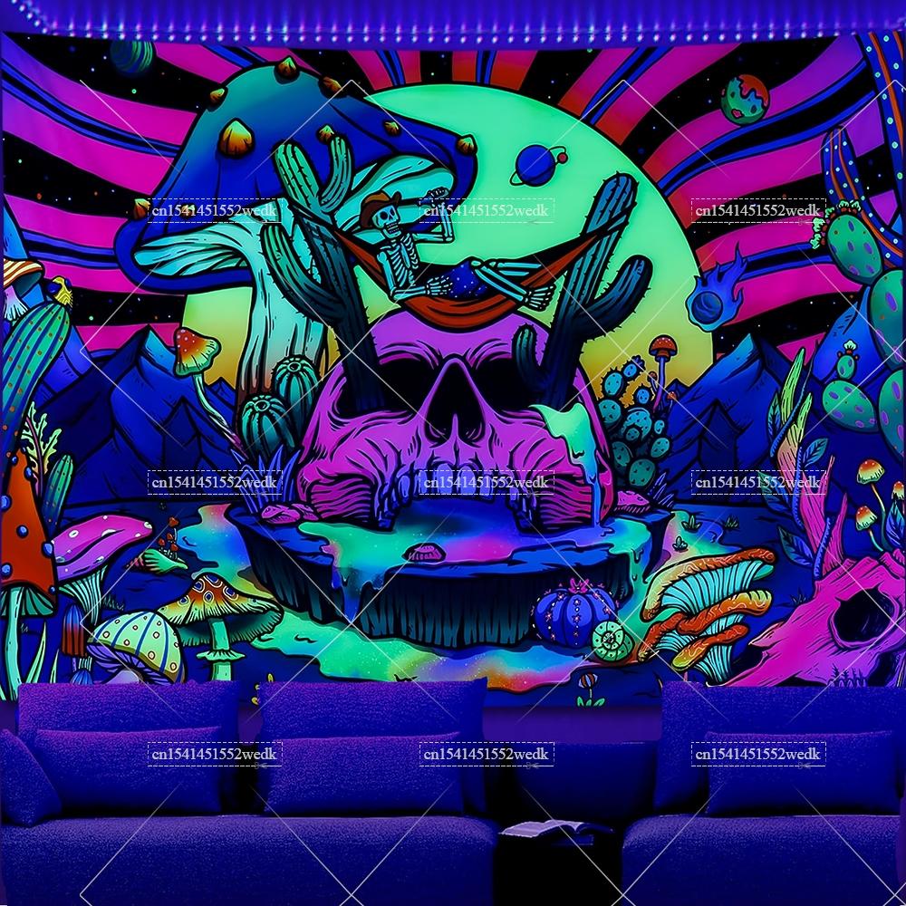 Hippie Lebka Oči Černobílá Tapiserie UV Reaktivní Hory Kaktusy Rostliny Svítící Ve Tmě Tapiserie Estetické Neonové Tapiserie