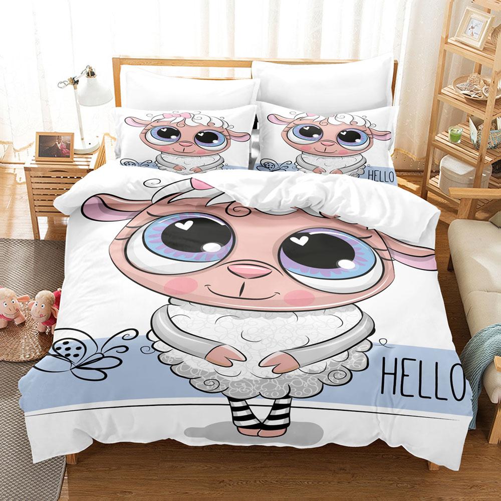 Cartoon Sheep Duvet Cover Set Cute White Sheep Flowers Pattern King Queen Full Size For Kids Boy Girl Gift Polyester Bedding Set