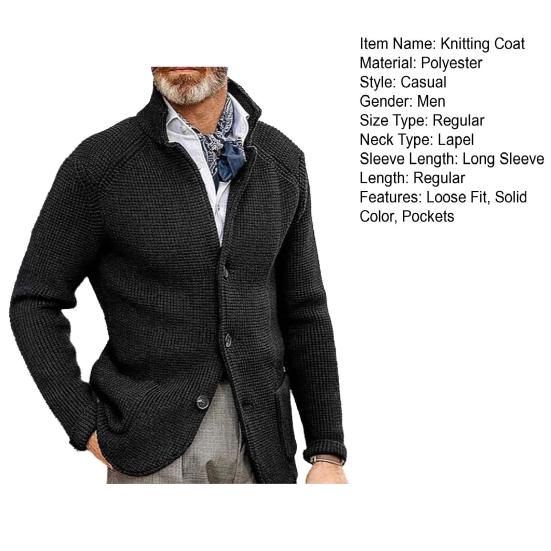 Men Knitting Coat Lapel Long Sleeve Loose Fit Knitting Jacket with Pockets Soft Texture Casual Solid