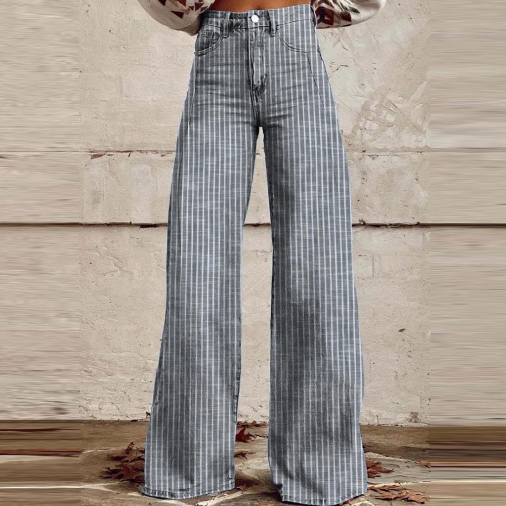 Women's Fashion Casual Denim Striped Wide Leg Straight Leg Micro-cut Jeans