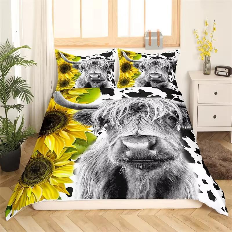 Kids Highland Cattle Flower Duvet Cover Set Farm Animal Bull Cow Comforter Cover Microfiber Western Cowboy Twin King Bedding Set