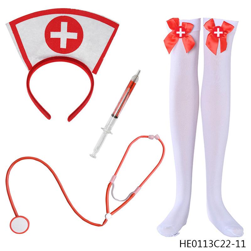 Halloween Nurse Headwear with Fake Stethoscope Pen Sexy Nurse Headwear Headband Lace Red Cute Cosplay Costume Birthday Makeup