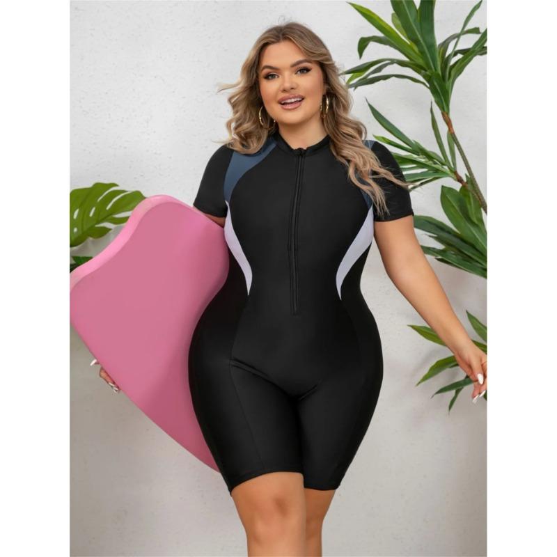Fat Large Size One Piece Zippered Sports Swimsuit Women's Short Sleeved Surfing Suit Flat Angle Jellyfish Suit Snorkeling Suit
