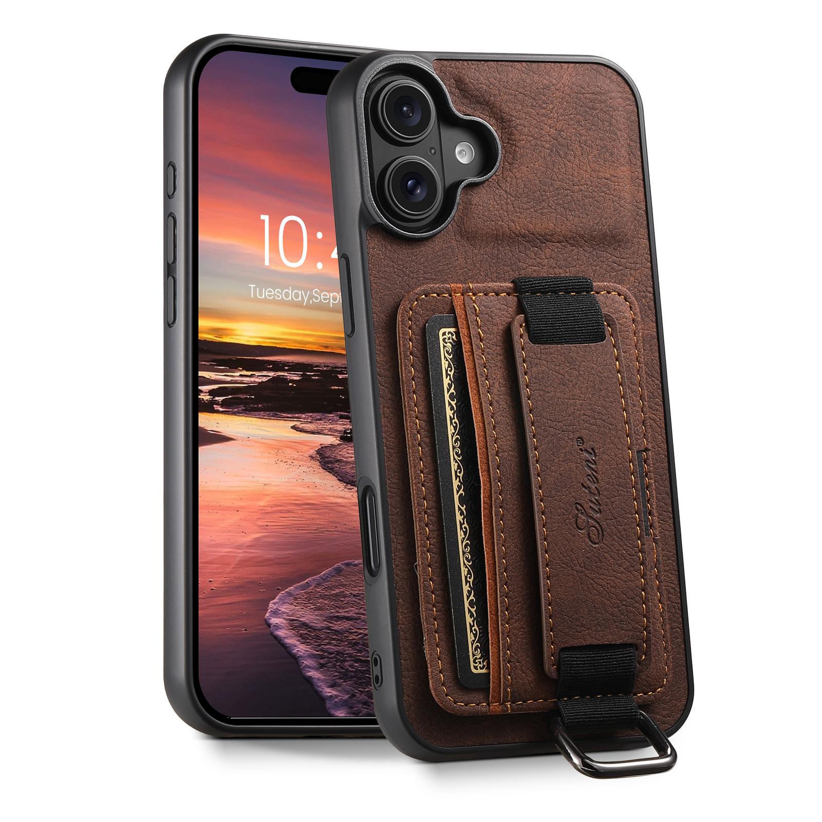 

SUTENI H13 For iPhone 16 Case Litchi Texture Leather+TPU+PC Cover with Card Holder Kickstand B